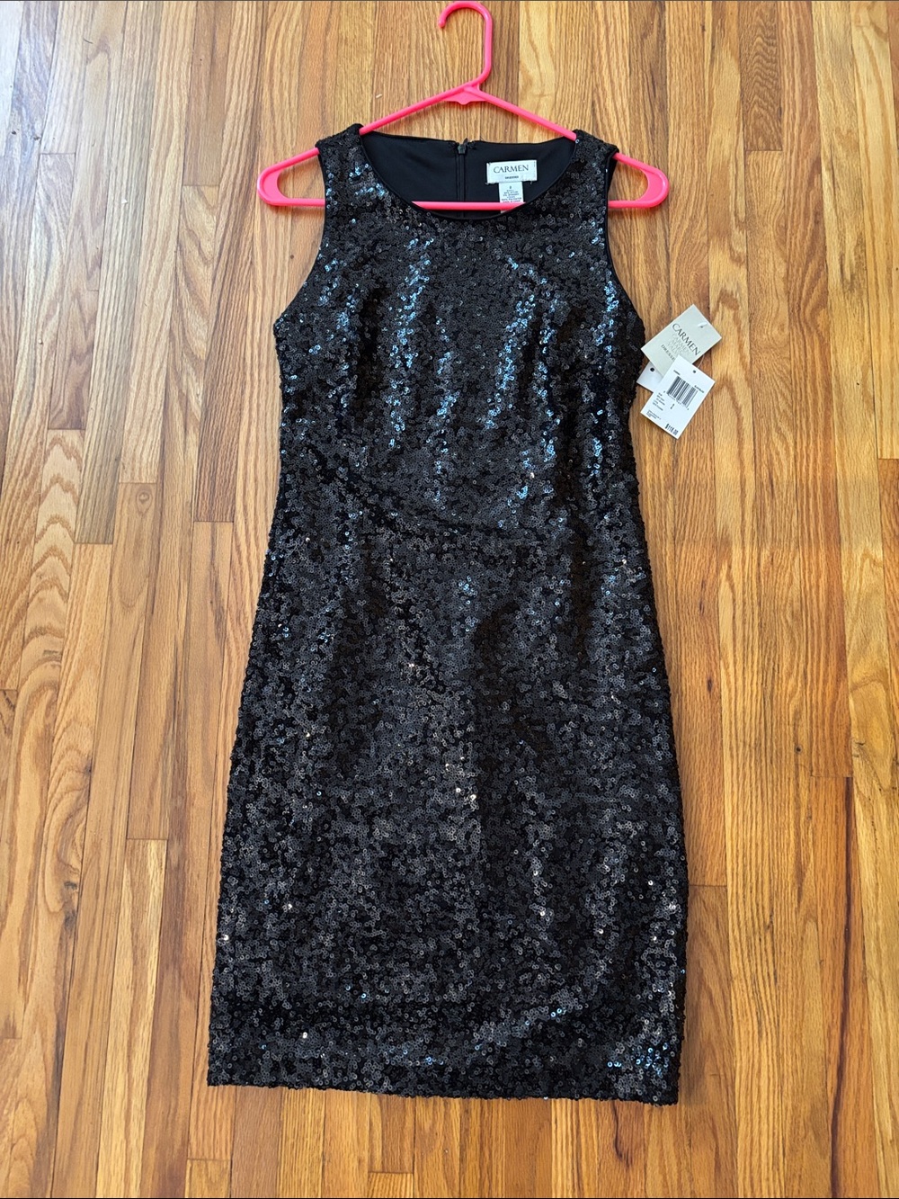Carmen Marc Valvo Black Sequin Midi Sheath Dress